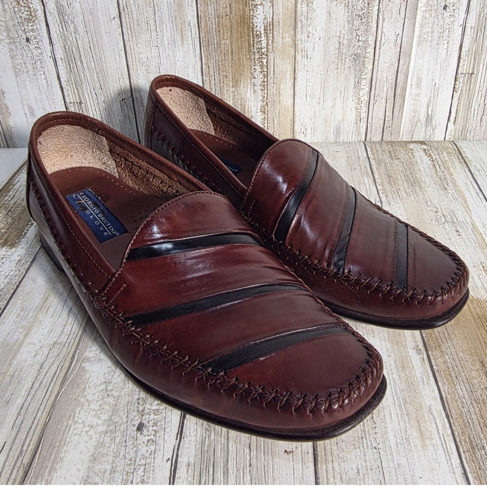 Giorgio Brutini Le Glove Mens Brown Leather Striped Whipstitch Loafers Size 10D